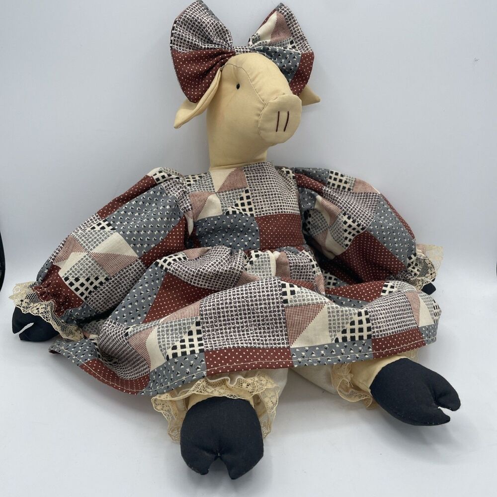 VNTG Angels Delight Primitive Handmade Stuffed Pig Cottagecore Shabby Chic EUC